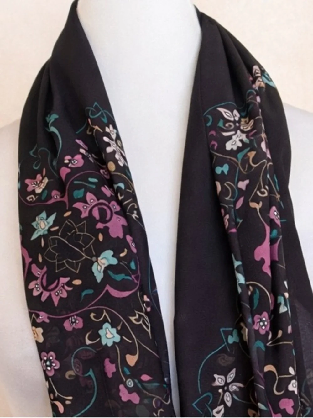 Eggplant Plum Scarf Floral Beige Border Teal Pink Lightweight Wrap by Alvise